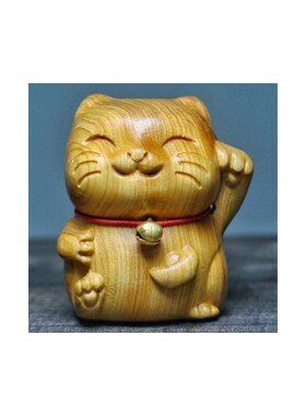 崖柏铃铛猫摆件创意木雕室内复古桌面装饰个性文玩手把件