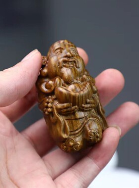 绿檀木雕招财元宝小财神爷手把玩件实木雕刻工艺家居桌面装饰摆件