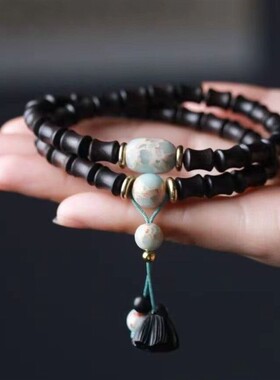 黑檀木手串竹节款搭配寿山石复古小众中性风黑色双圈女款文玩手链