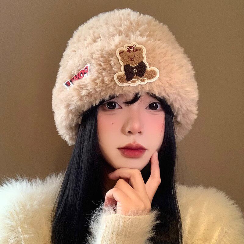 可爱小熊毛绒帽子女秋冬季保暖护耳套头冷帽加厚毛线显脸小针织帽