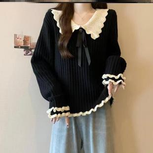 新款 小香風大碼 秋冬季 女裝 毛衣設計感娃娃領木耳邊針織衫 甜美上衣