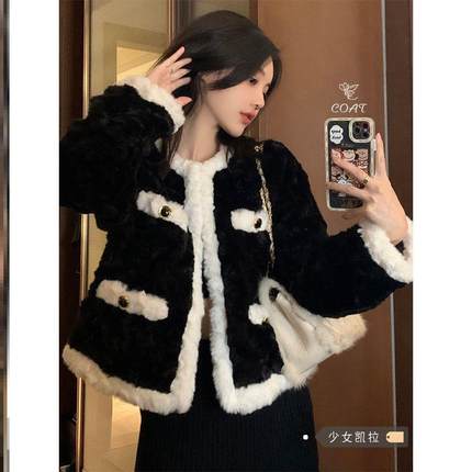 高级感小香风羊羔毛外套女2024新款气质韩版兔绒短款毛毛上衣秋冬