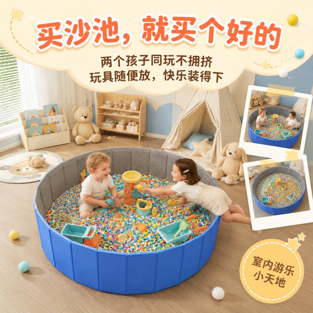 家用折叠挖沙池儿童玩沙子套装家庭玩具室内加厚围栏决明子仿瓷沙