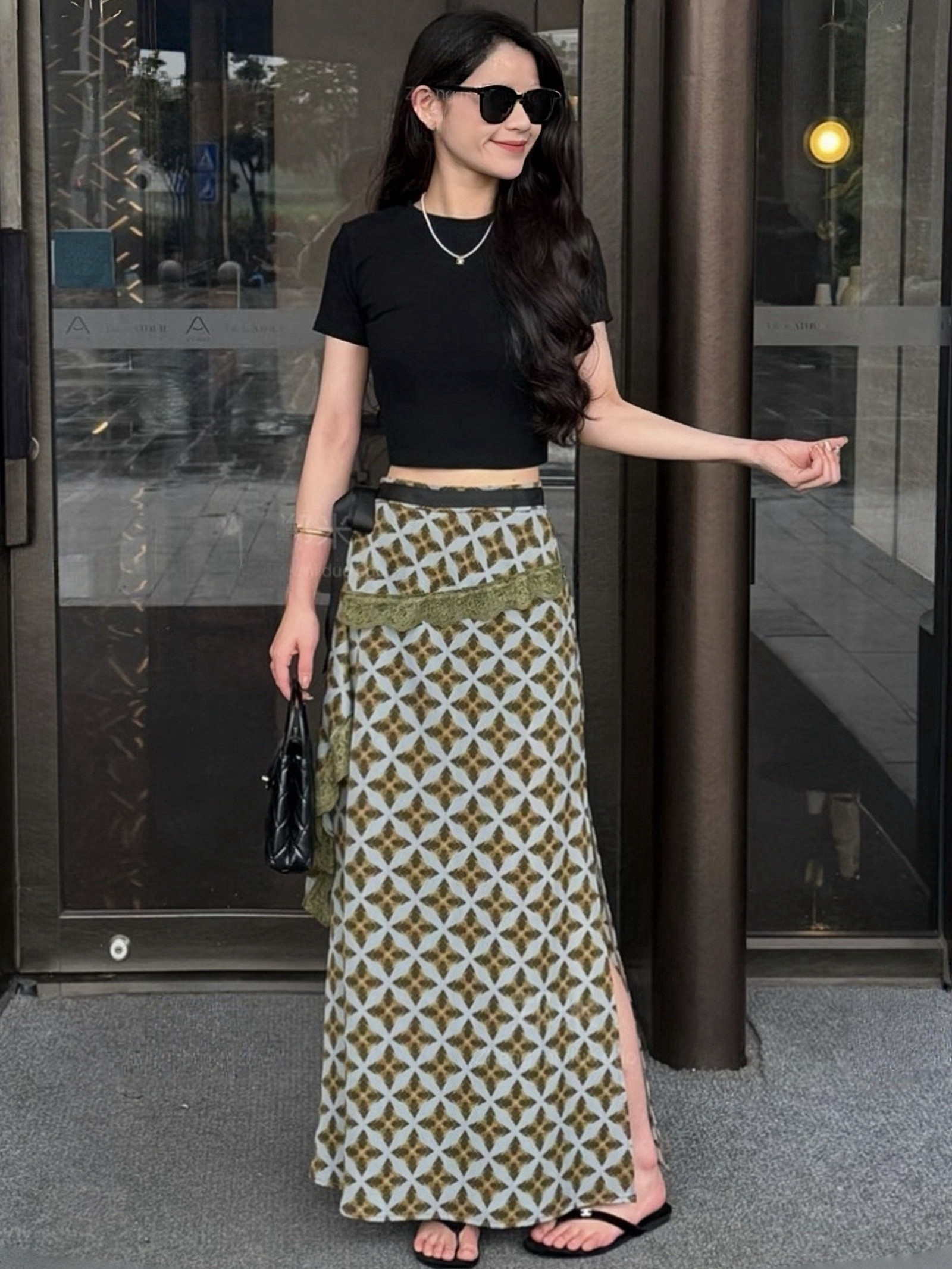 法式赫本风蕾丝花边开叉棱格半身裙女夏季高腰显瘦系带包臀长裙女