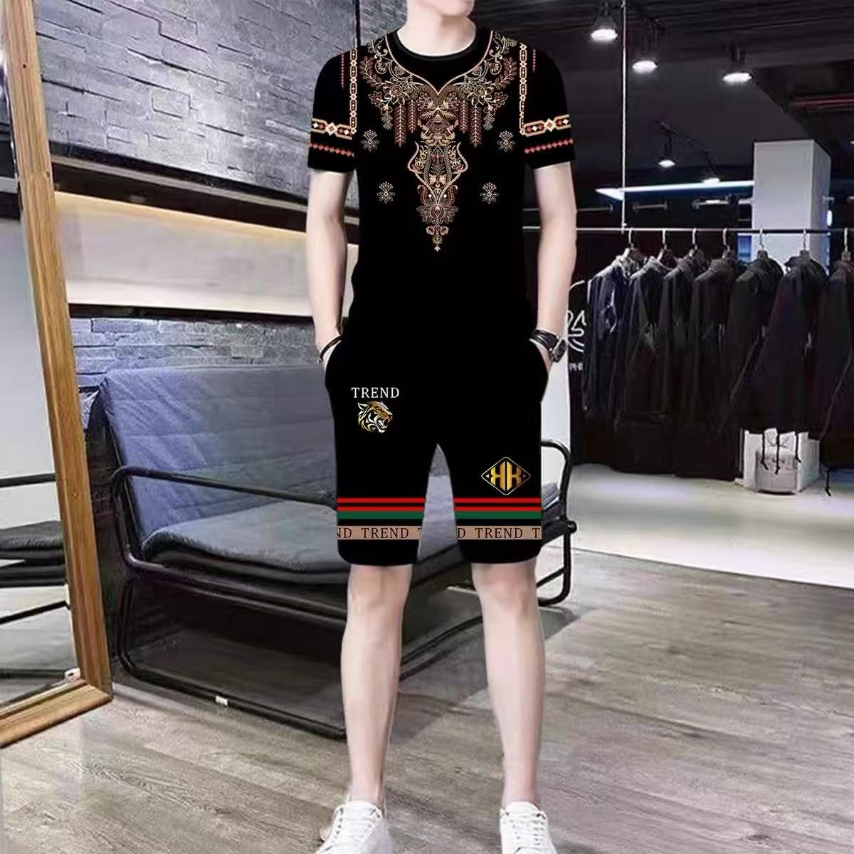 男士休闲运动套装夏季薄款冰丝短袖t恤短裤男装搭配一整套帅气潮