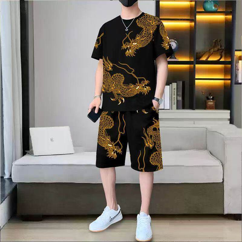 男士休闲运动服套装夏季薄款冰丝速干短袖短裤男装潮流印花两件套