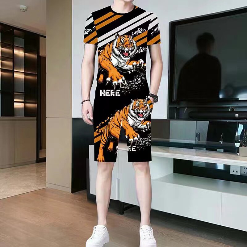 夏季薄款冰丝短袖t恤男士短裤套装ins潮搭配帅气休闲运动夏装一套