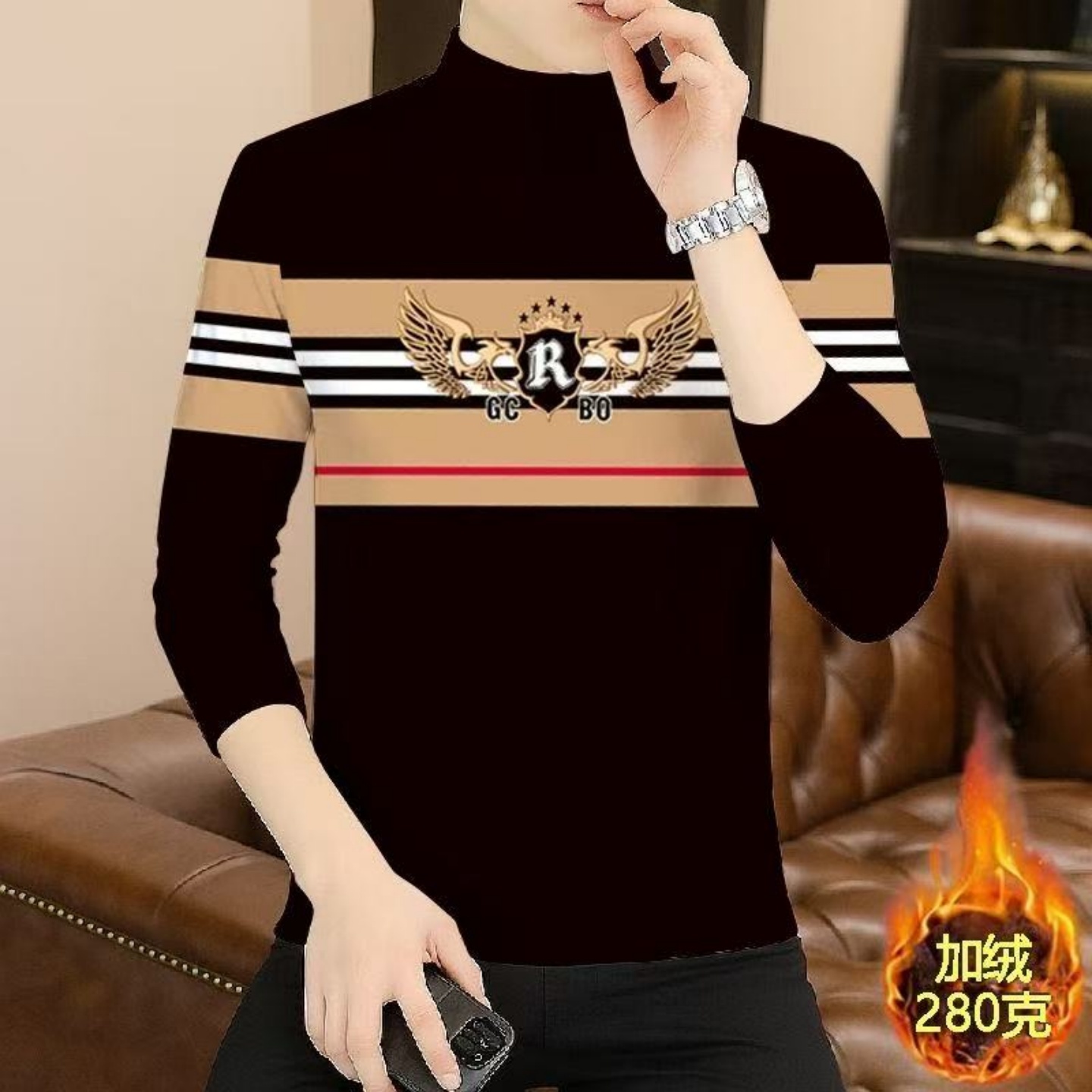 德绒半高领男士打底衫秋冬季潮流时尚印花长袖T恤加厚保暖上衣服