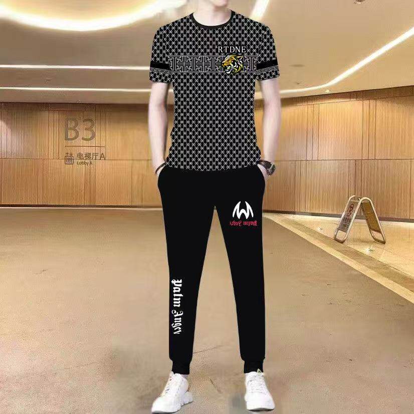 夏季男士冰丝运动套装薄款潮流印花短袖T恤长裤中青年休闲两件套
