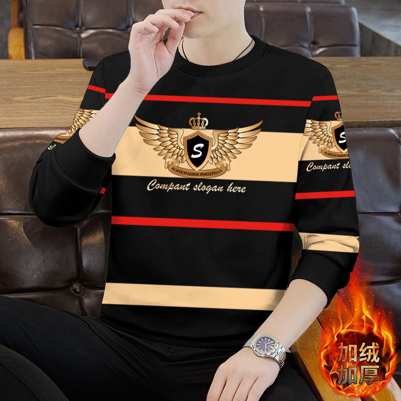 男士加绒加厚卫衣2025年冬季潮牌时尚印花长袖T恤保暖百搭上衣服