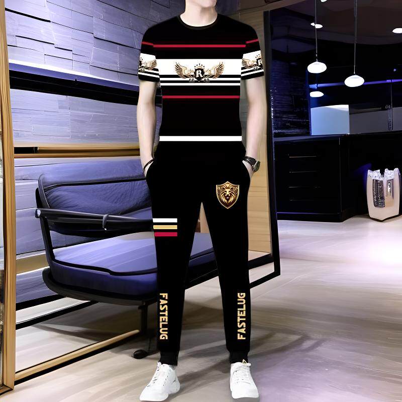 男士冰丝运动套装夏季新款潮流宽松短袖t恤长裤中青年休闲两件套