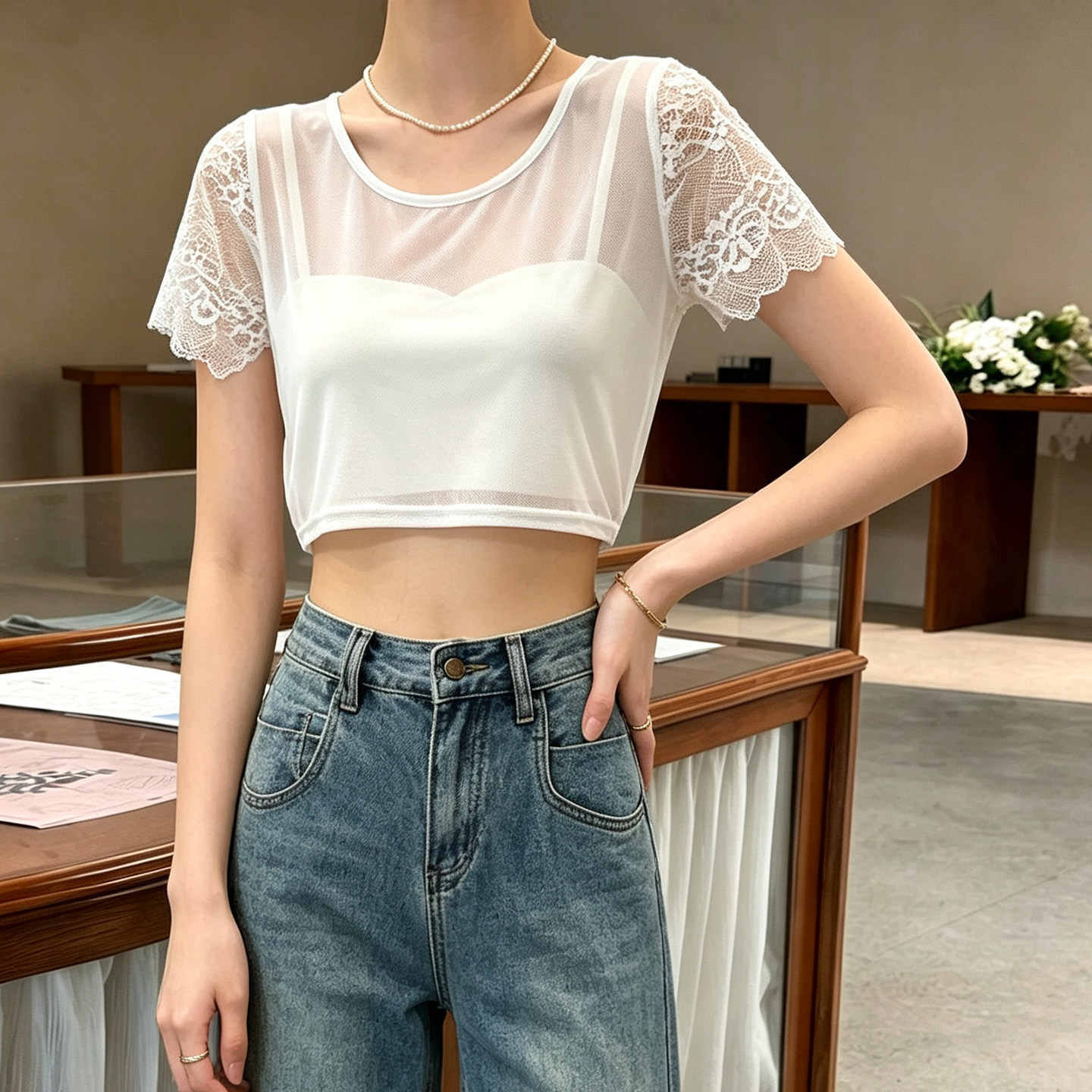 网纱白色蕾丝短袖t恤女夏季内搭短款打底罩衫外穿上衣设计感0721e