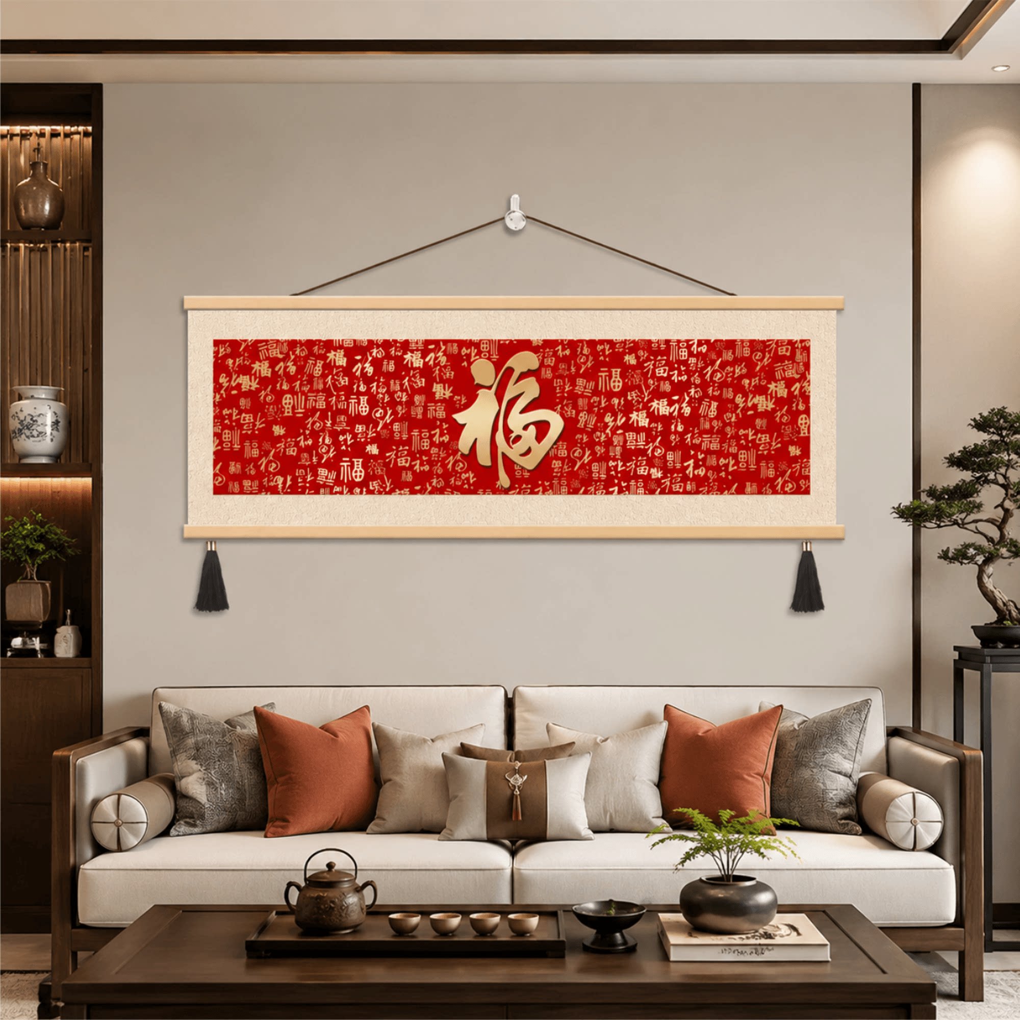 新中式轻奢客厅百福图装饰画沙发背景墙挂画书房茶室招财福字壁画