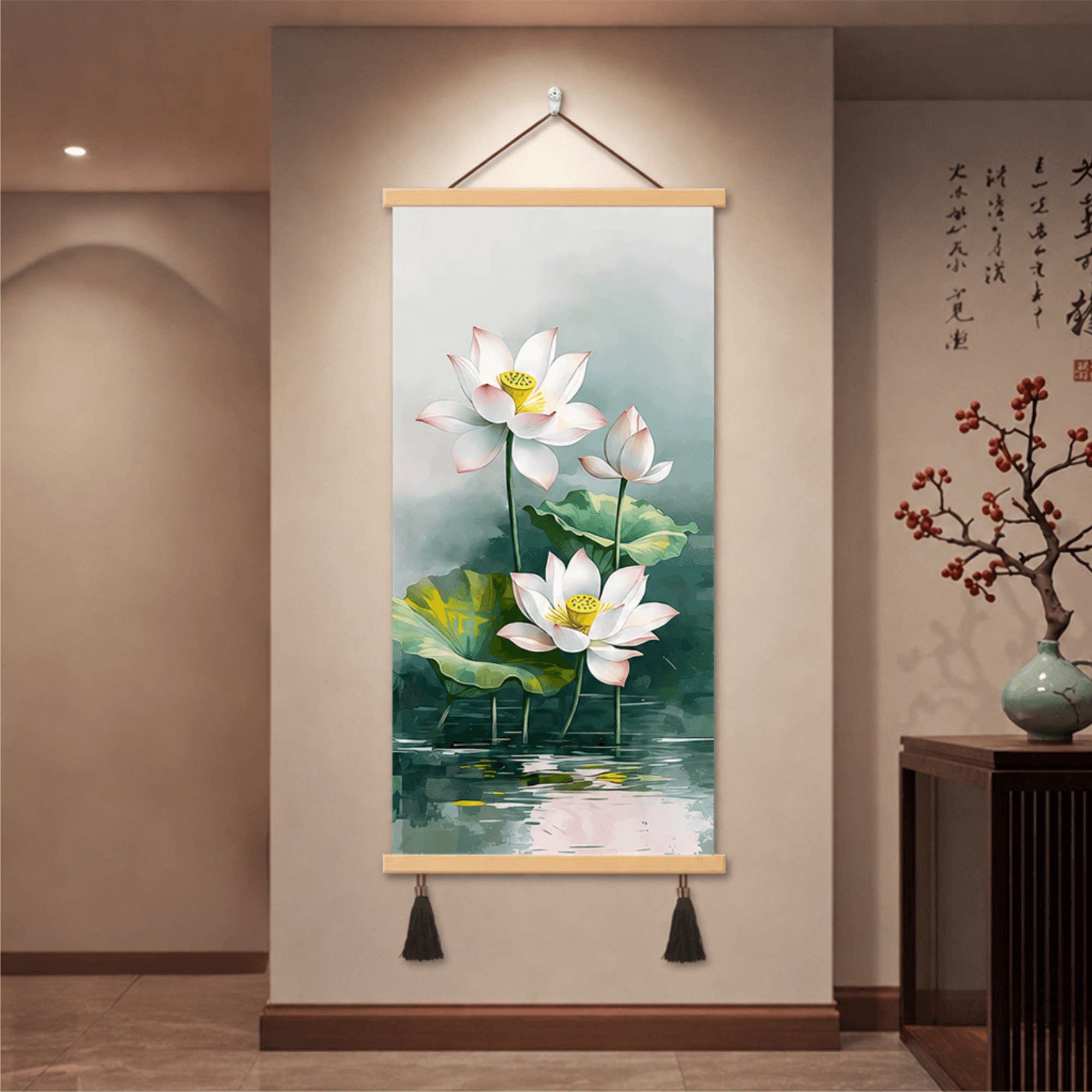 新中式轻奢玄关荷花装饰画走廊过道禅意水墨莲花壁画客厅墙面挂画