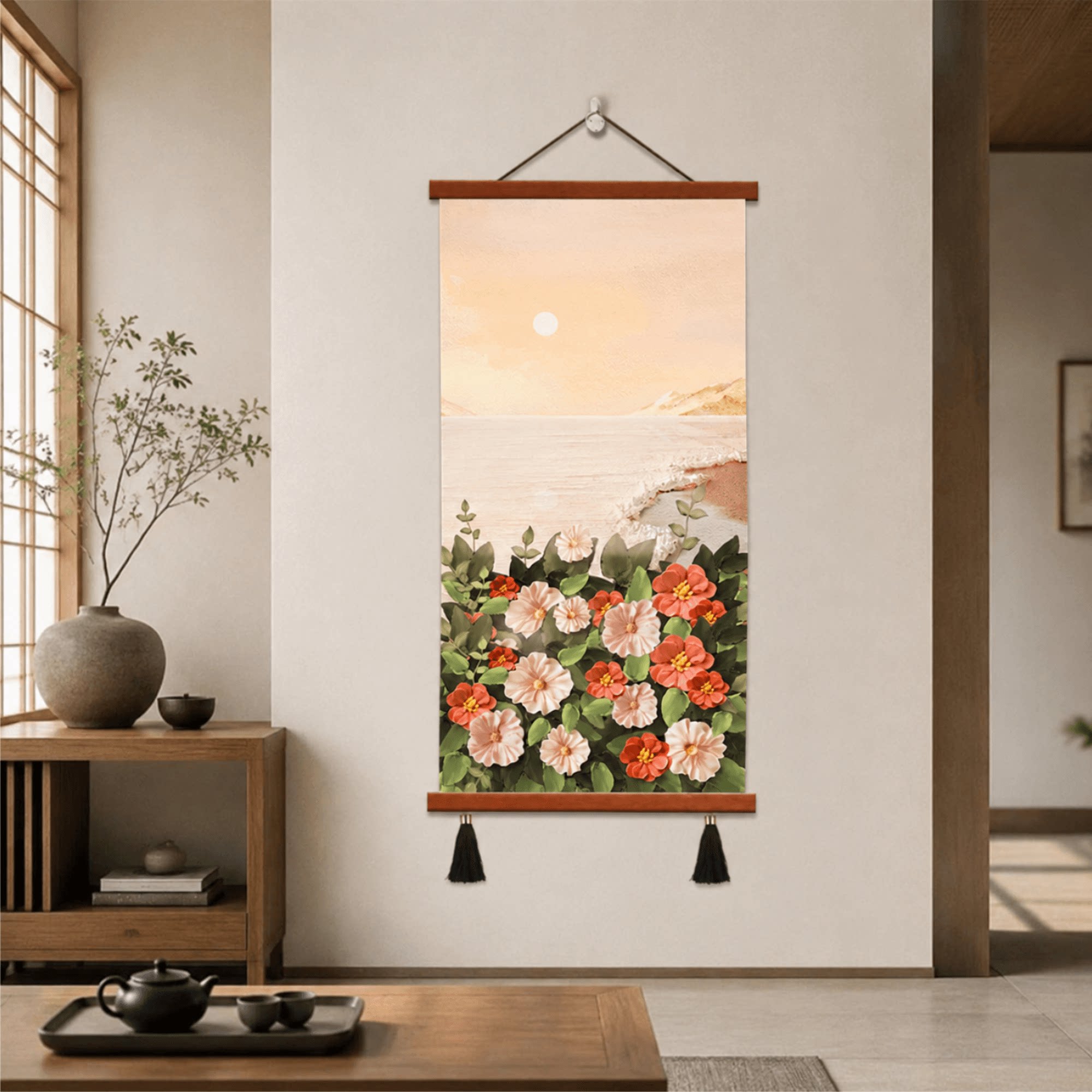 轻奢新中式日式茶室墙面装饰画海景花卉油画客厅玄关卧室床头挂画