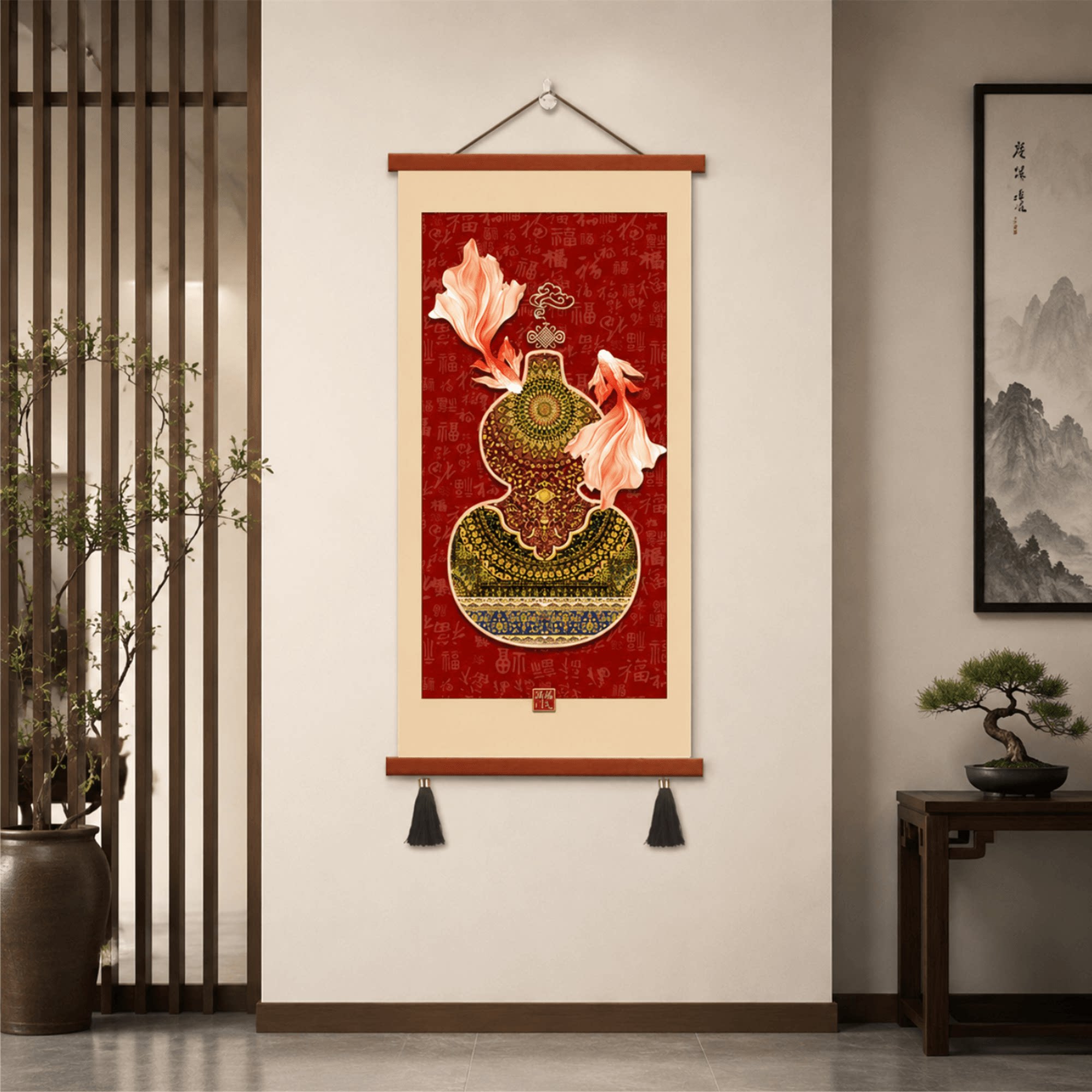 轻奢新中式入户玄关葫芦双鱼百福图挂画客厅走廊过道招财装饰壁画