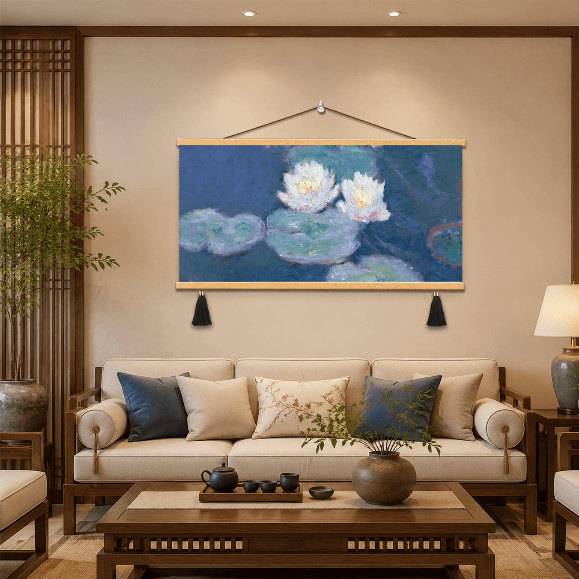 新中式莫奈睡莲装饰画客厅沙发背景墙卧室床头轻奢简约大气挂壁画