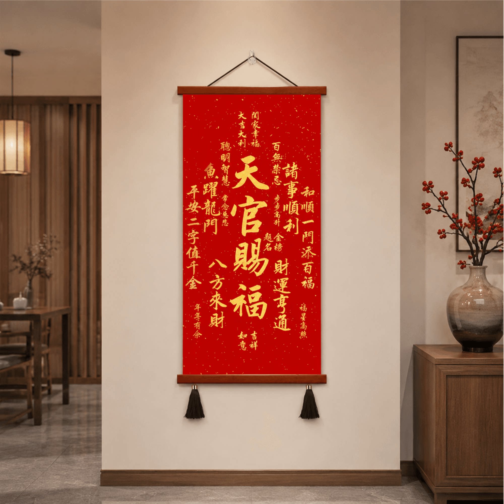 新中式天官赐福玄关装饰画客厅过道墙面挂画招财喜庆茶室风水壁画