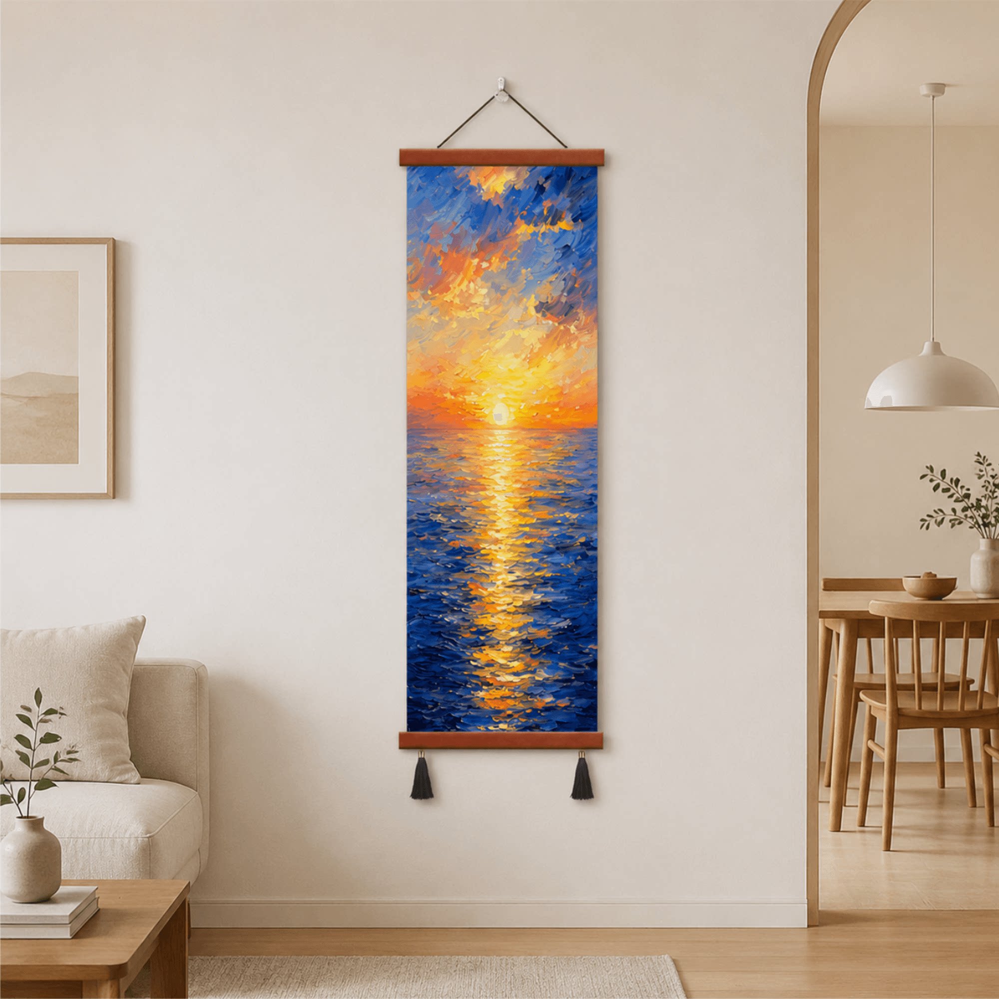 轻奢油画风海上日落竖版装饰画客厅玄关走廊过道墙面温馨家居装饰