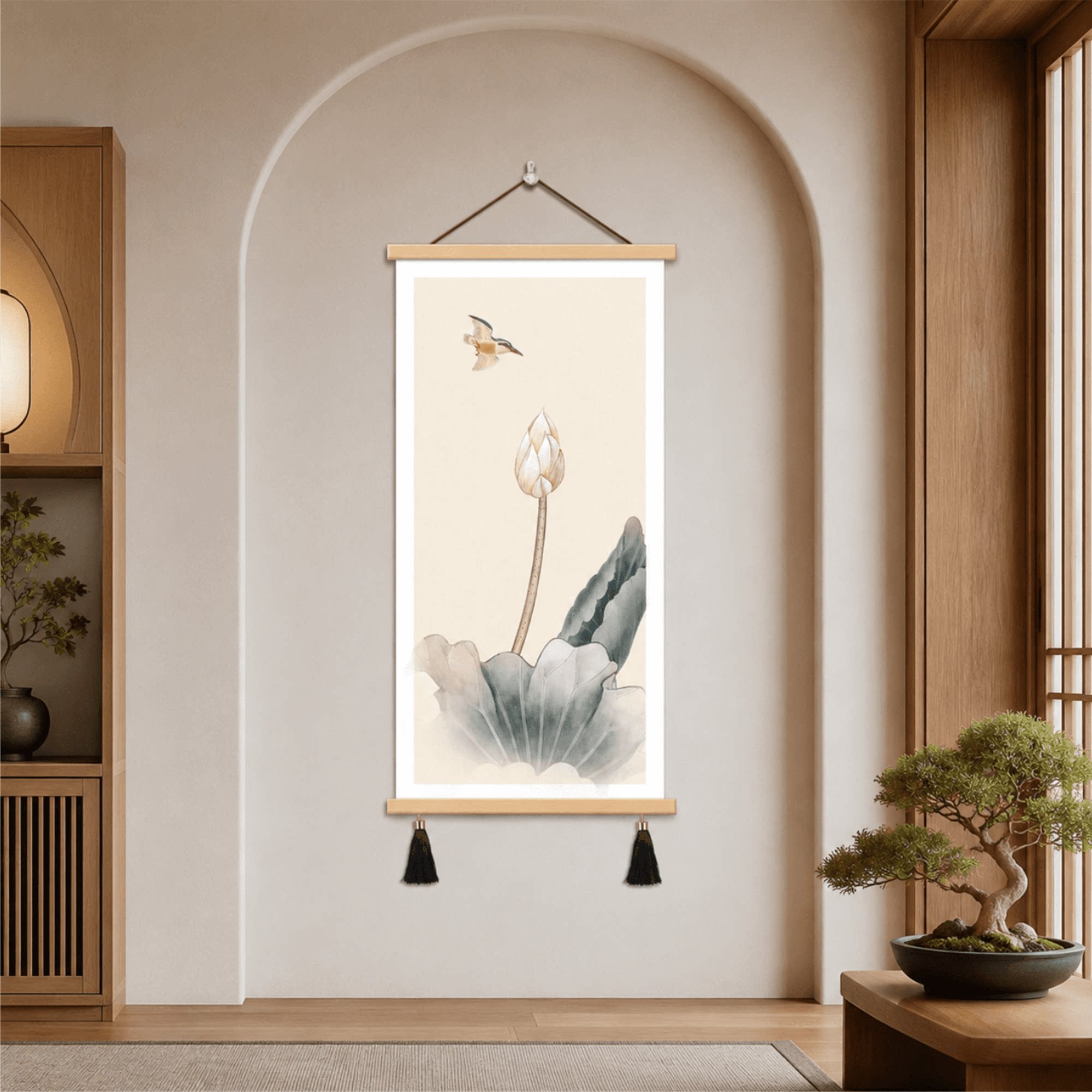新中式禅意荷花玄关挂画卧室客厅茶室水墨翠鸟温馨背景墙装饰壁画