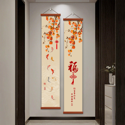 五福临门玄关装饰画葫芦入户正对门过道挂画高档大气竖窄长条壁画