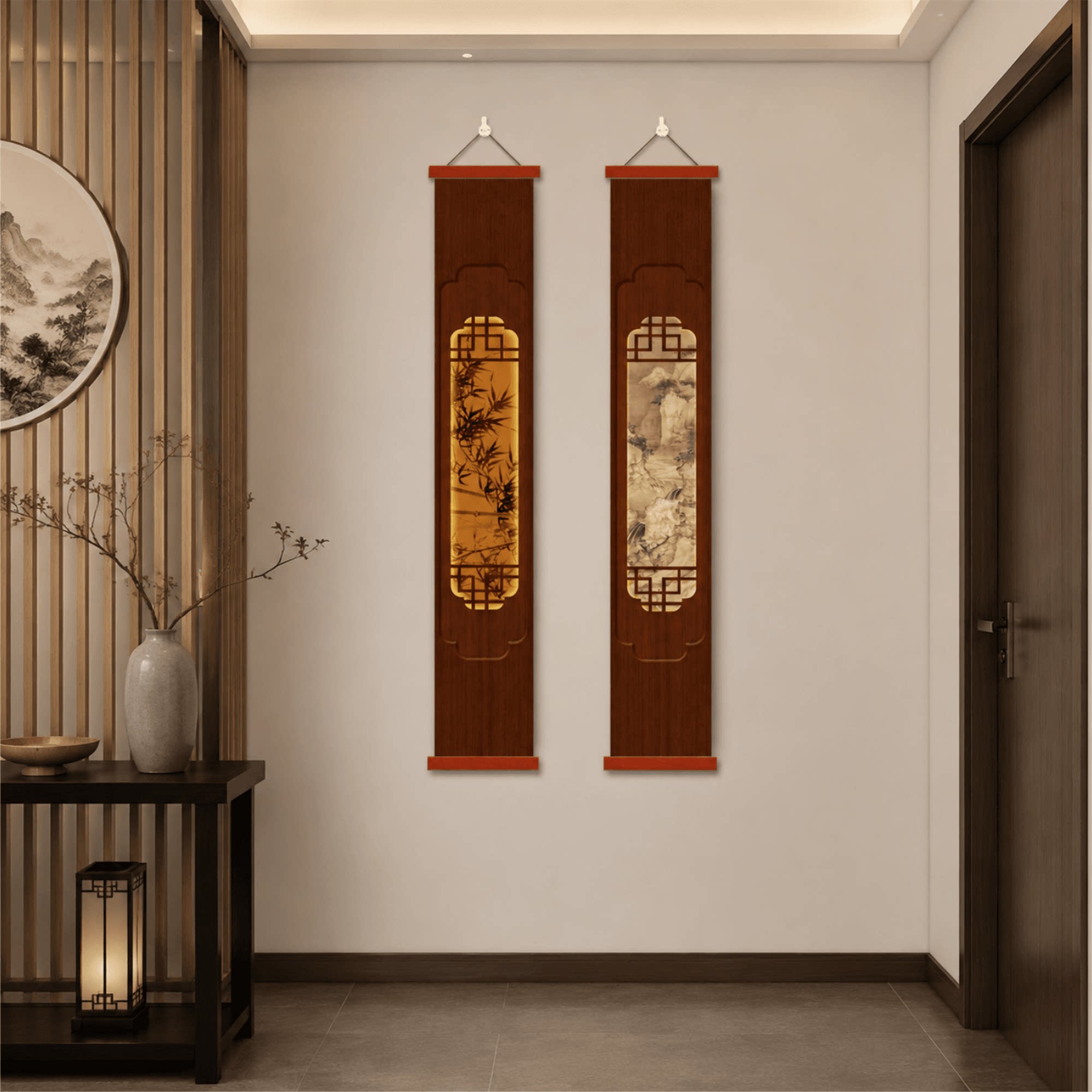 新中式轻奢玄关走廊实木框竹韵山水挂画茶室餐厅背景墙带灯装饰画