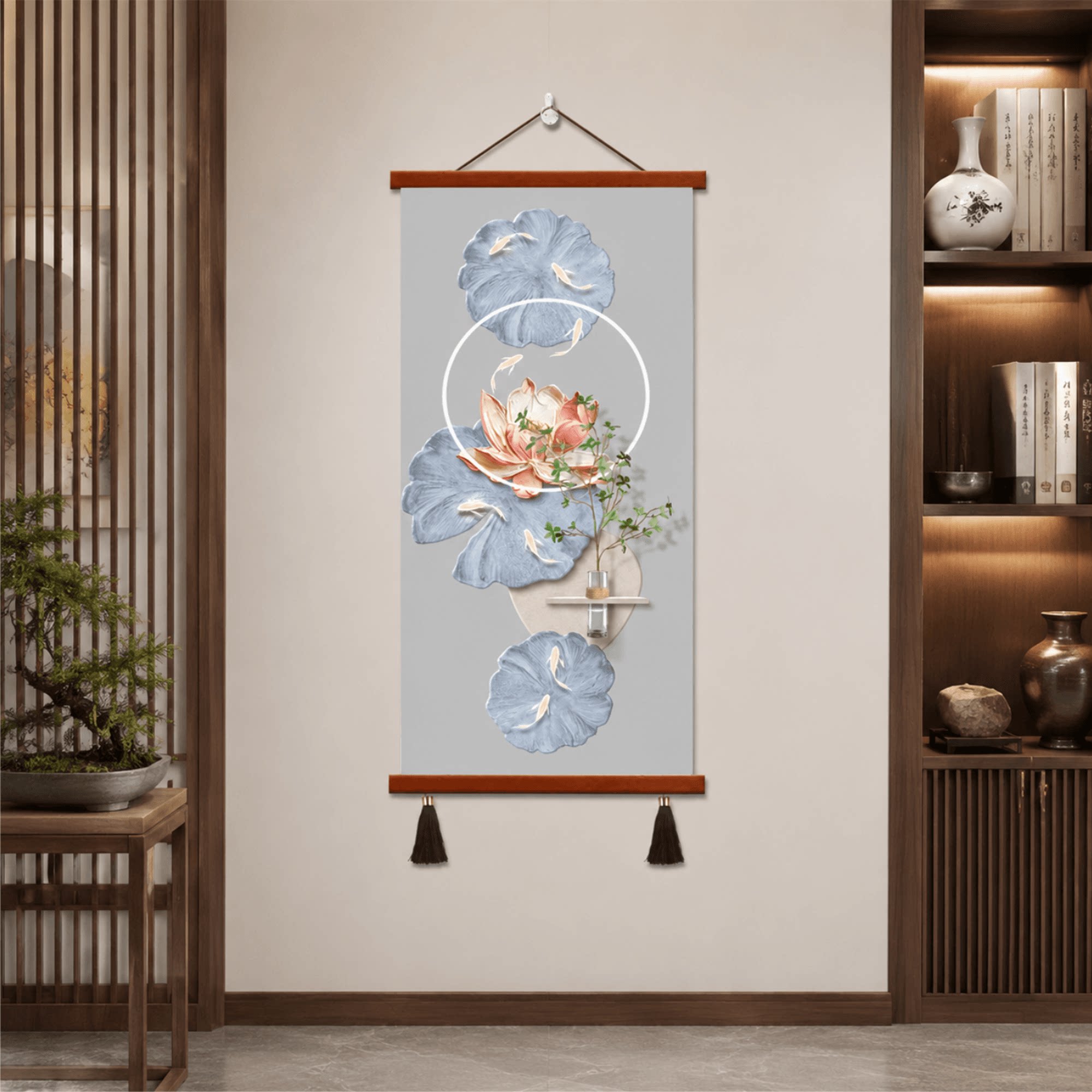 新中式玄关走廊过道荷花九鱼图立体肌理装饰挂画客厅墙面壁画