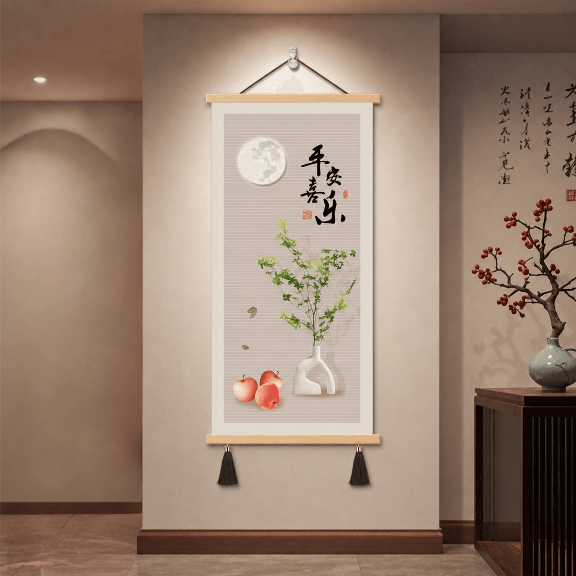 新中式平安喜乐玄关挂画客厅走廊过道装饰画大气轻奢吉祥寓意壁画