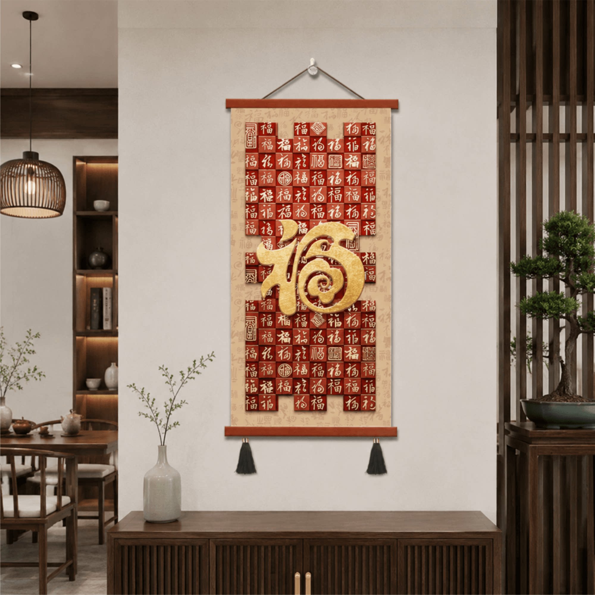 新中式百福图挂画 玄关客厅福字装饰画 竖版招财风水镇宅壁画