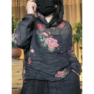 春季新款复古新中式苎麻印花连帽长袖T恤宽松休闲民族风帽衫女