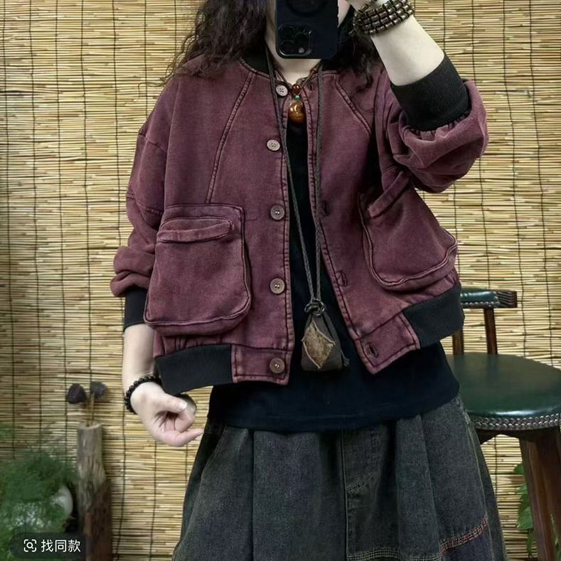 春季新款爆款新中式复古砂洗炒色口袋开衫卫衣外套宽松休闲上衣女