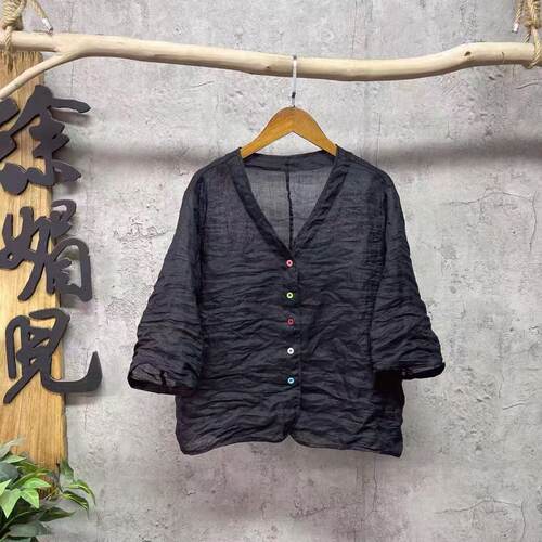 新款高支苎麻100彩扣中袖V领开衫
