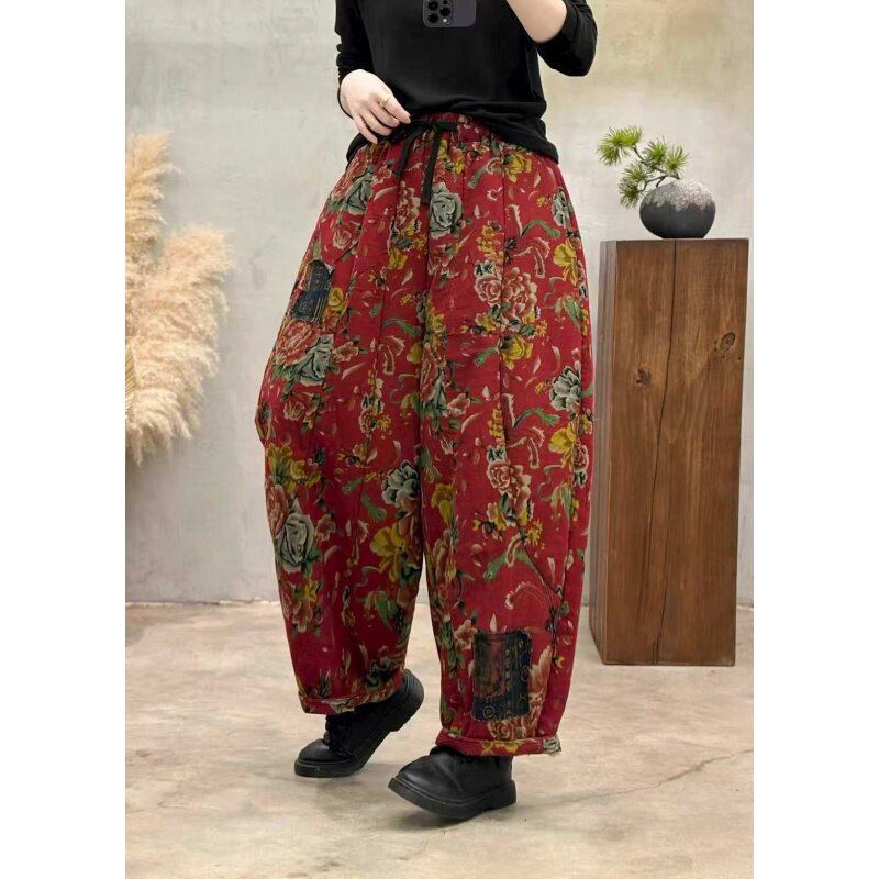 冬季新款复古民族风印花加棉南瓜裤宽松大码休闲棉裤新中式老爹裤