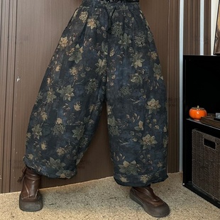 新款 棉裤 复古新中式 休闲民族风老爹裤 女 印花加棉直筒宽松大码 冬季