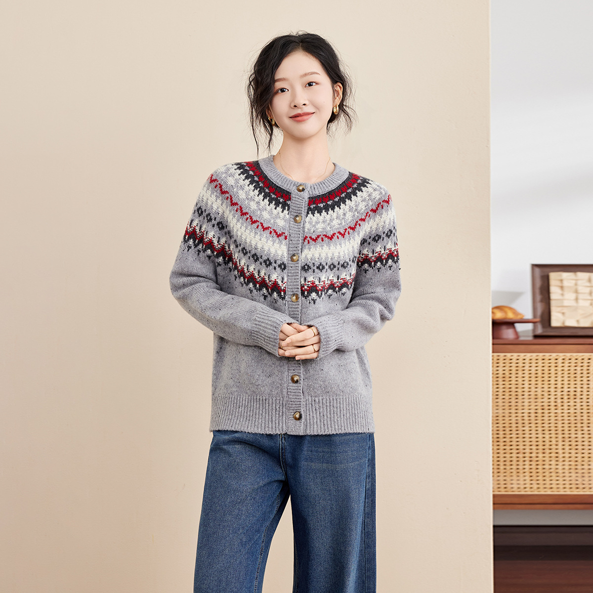 【100%绵羊毛】秋冬氛围费尔岛复古提花针织开衫时尚排扣外套女