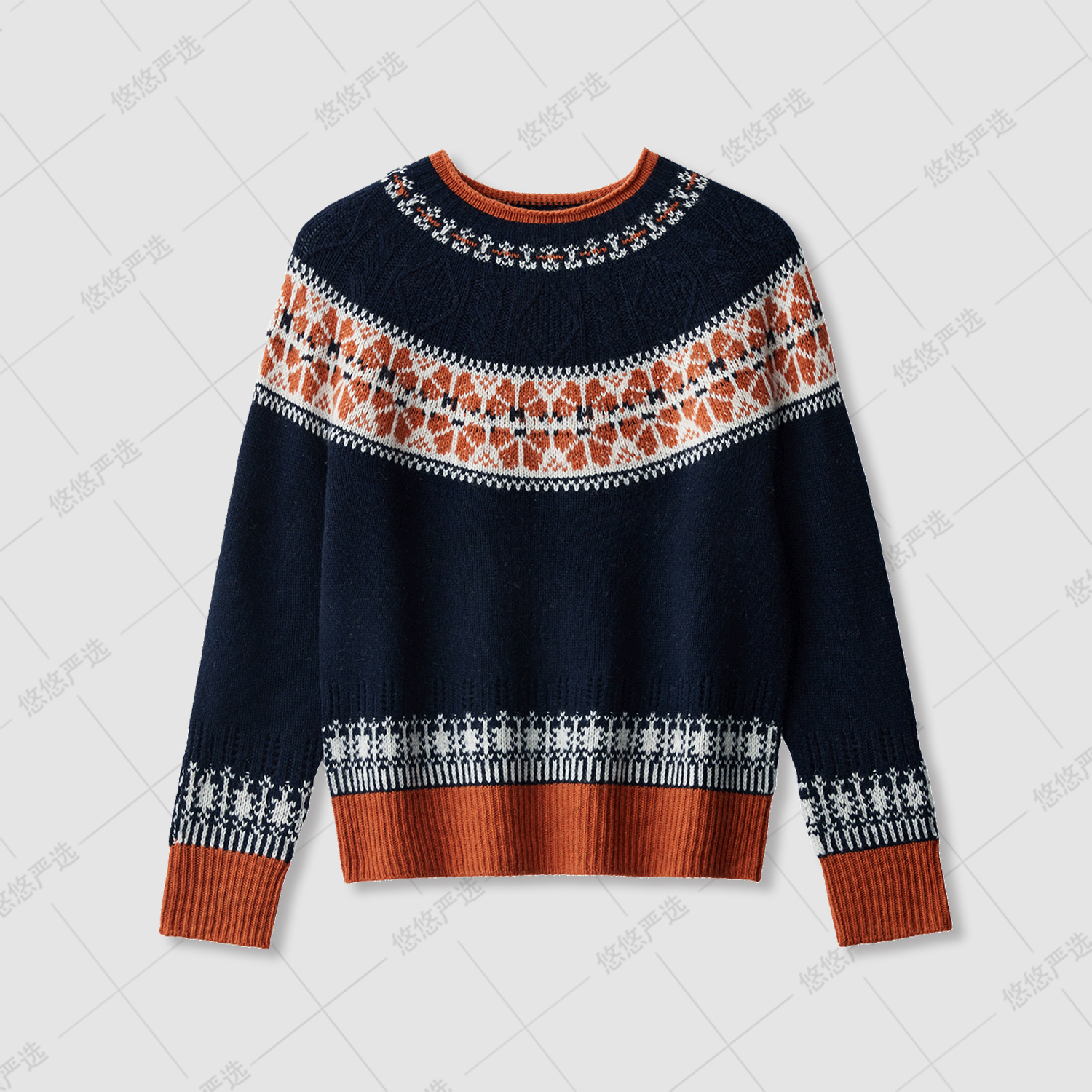 【悠悠粉丝专享】100%绵羊毛新款秋冬费尔岛复古毛衣提花套头外穿