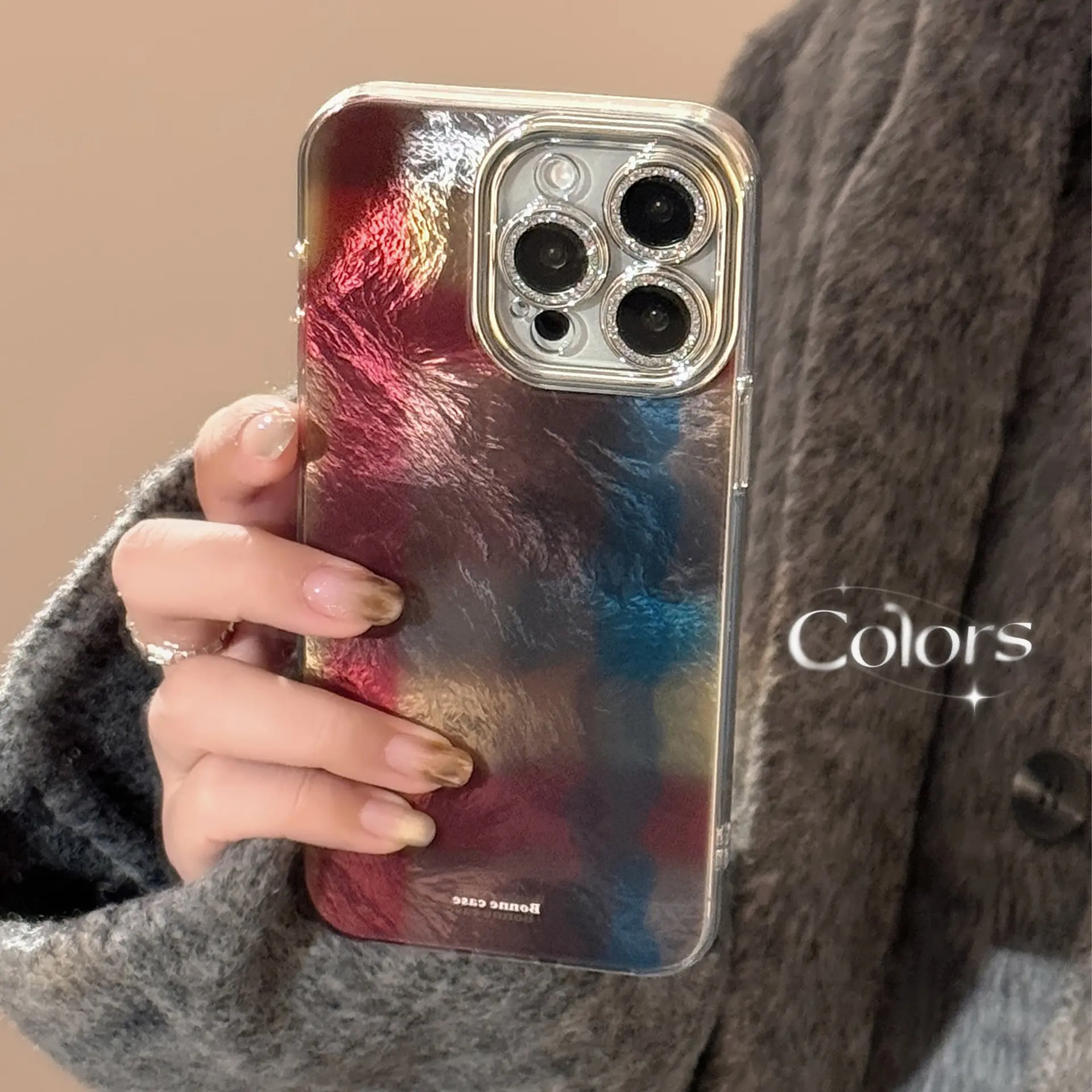 轻奢闪粉渐变苹果十五iphonexmax小众独特气质高级感格纹16手机壳