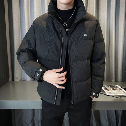 冬季新款条纹羽绒服立领男款痞帅短款潮流韩版修身加厚外套百搭款