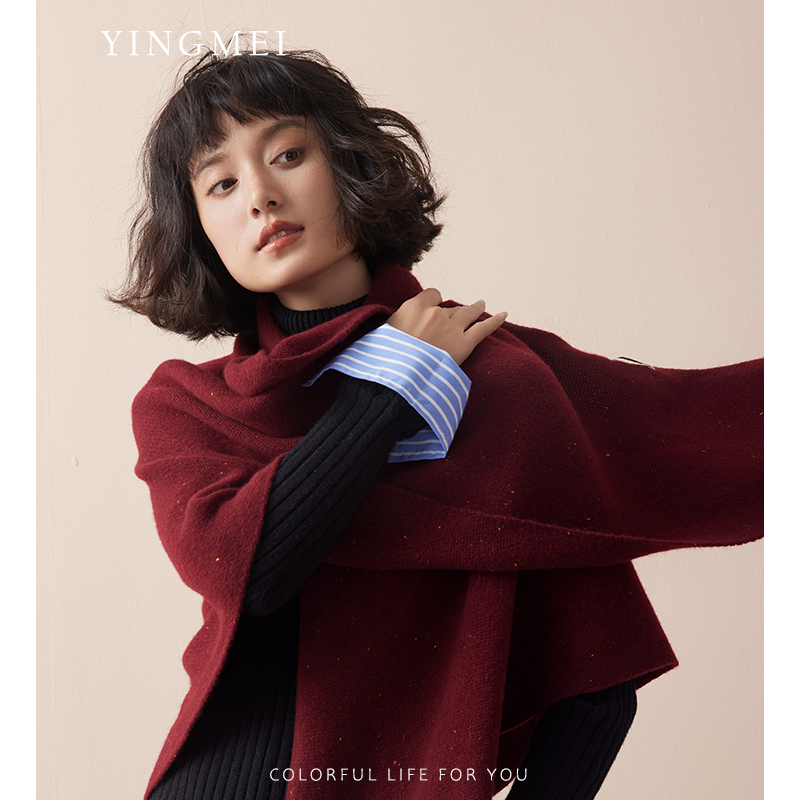 盈妹冬季100%羊毛保暖红色披肩女