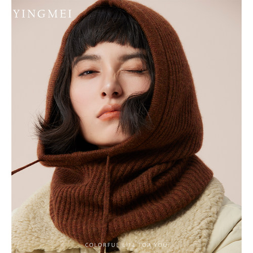 盈妹纯山羊绒围脖帽子一体冬季女
