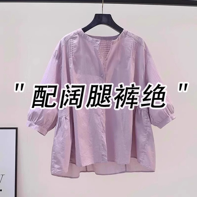 法式紫色短袖衬衫女夏装2025新款爆款遮肚子衬衣宽松七分袖上衣