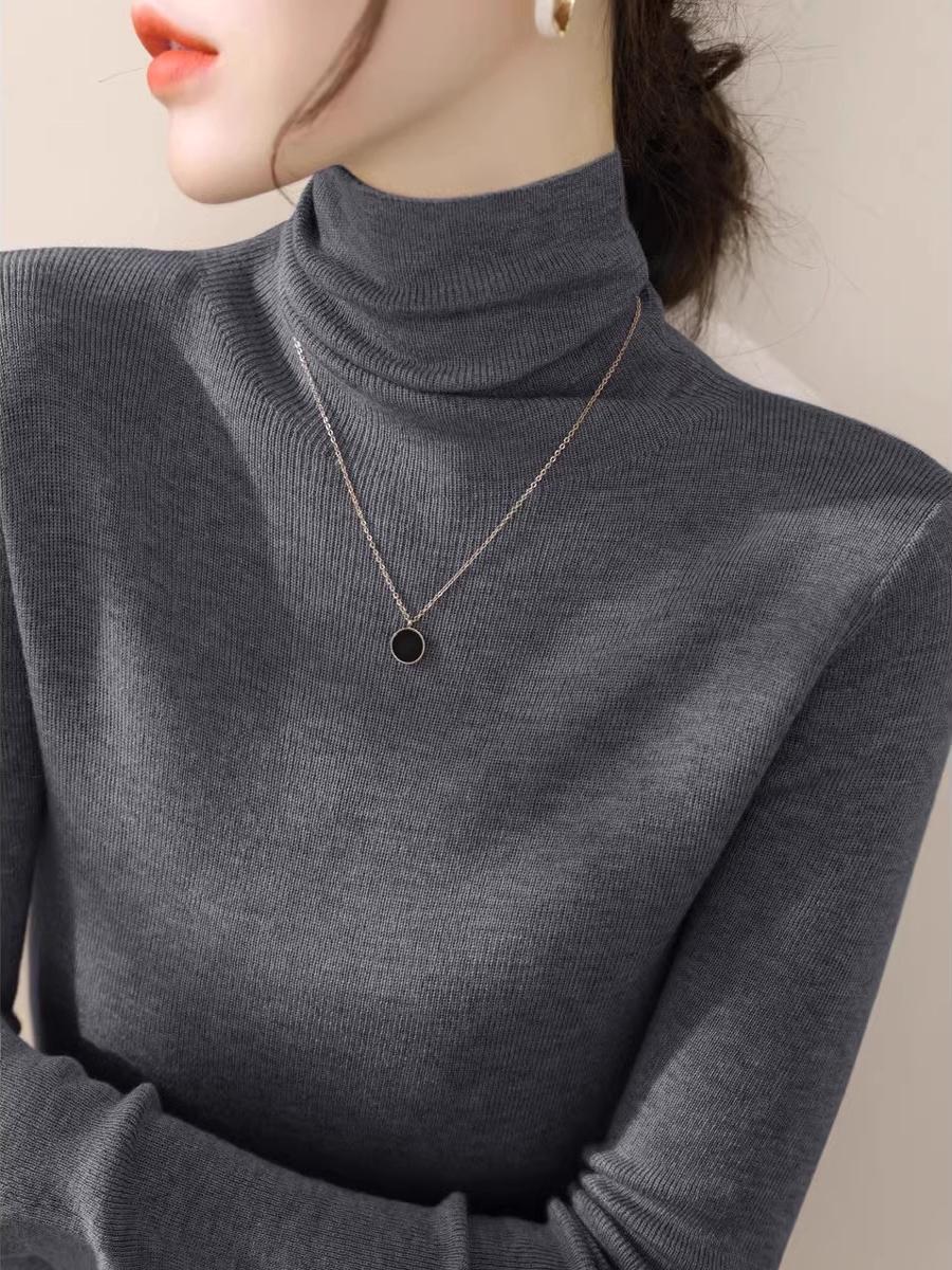 灰色堆堆领羊毛内搭针织打底衫女秋冬新款配大衣毛衣高领修身上衣