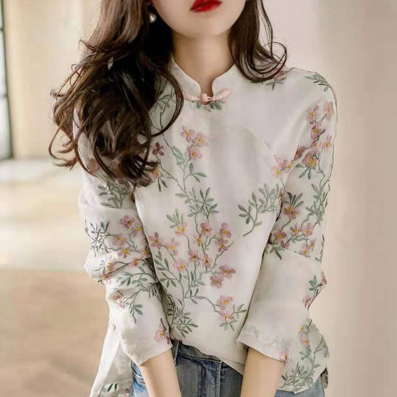 新中式改良旗袍女装上衣春秋2025年新款立领气质盘扣棉麻长袖衬衫