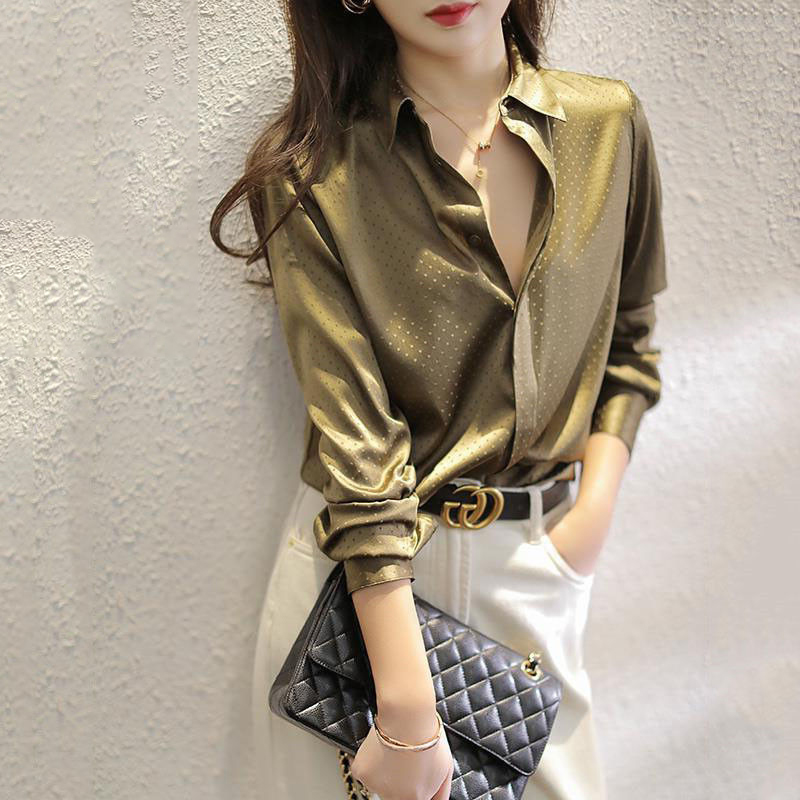 醋酸缎面衬衫2025年新款高端气质女装春装上衣女士高级感绿色衬衫