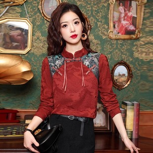 新中式国风盘扣红色洋派衬衫女2025新款唐装刺绣打底小衫旗袍上衣