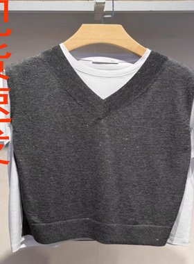 现货OVV2025秋新款休闲时髦撞色叠穿假两件短袖针织衫GNZBJ35111A