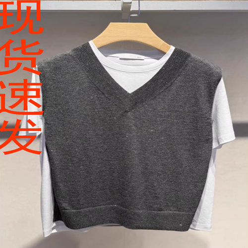 撞色叠穿假两件设计短袖针织衫