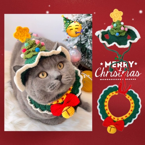 Шарф ручной работы, нагрудник, колокольчик, трикотажный чокер, шапка с бантиком, домашний питомец, кот