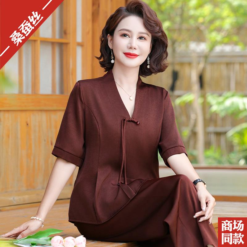 香云纱妈妈夏装桑蚕丝套装时尚阔太太两件套中老年短袖真丝上衣女