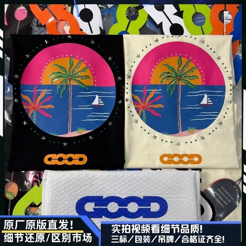 GOODBRAND 椰树烫钻花体标语印花圆领轻奢短袖T恤 男女同款